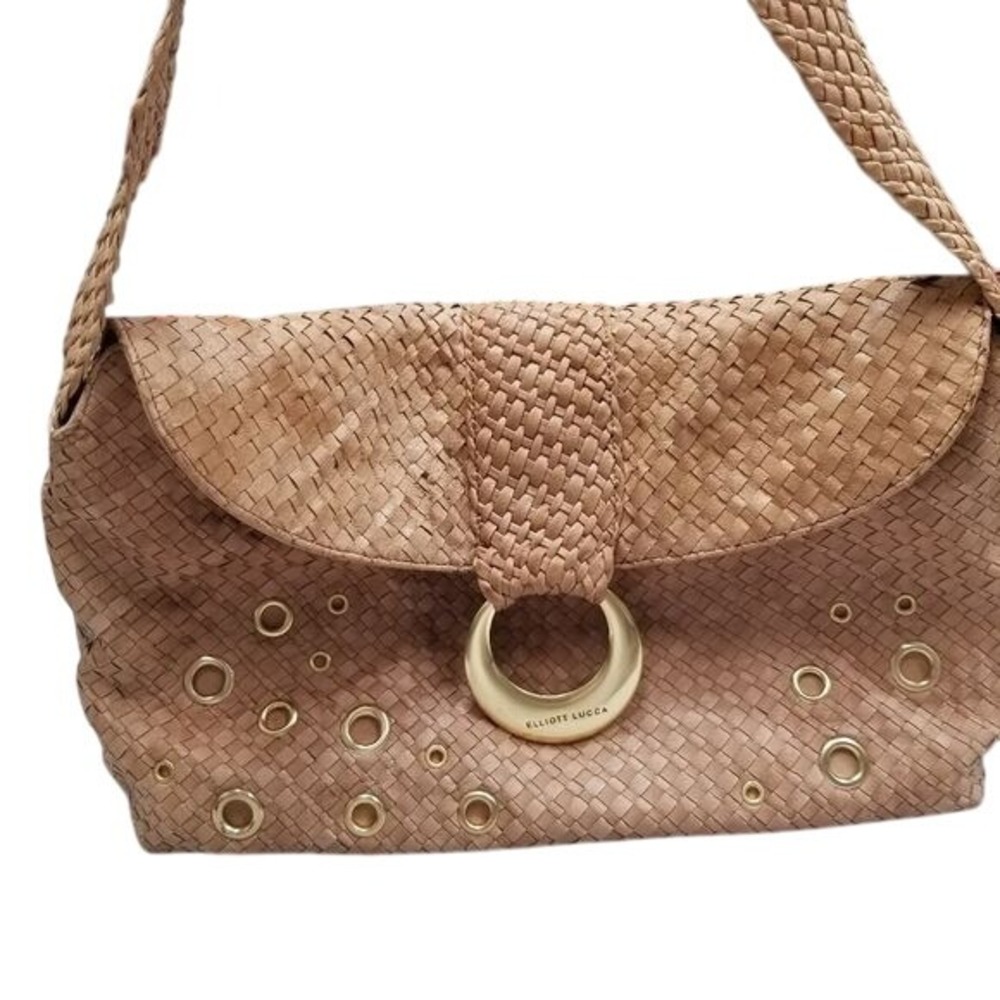 Elliott Lucca Hobo woven‎ Leather Bag Wide shoulder strap gold accents clean